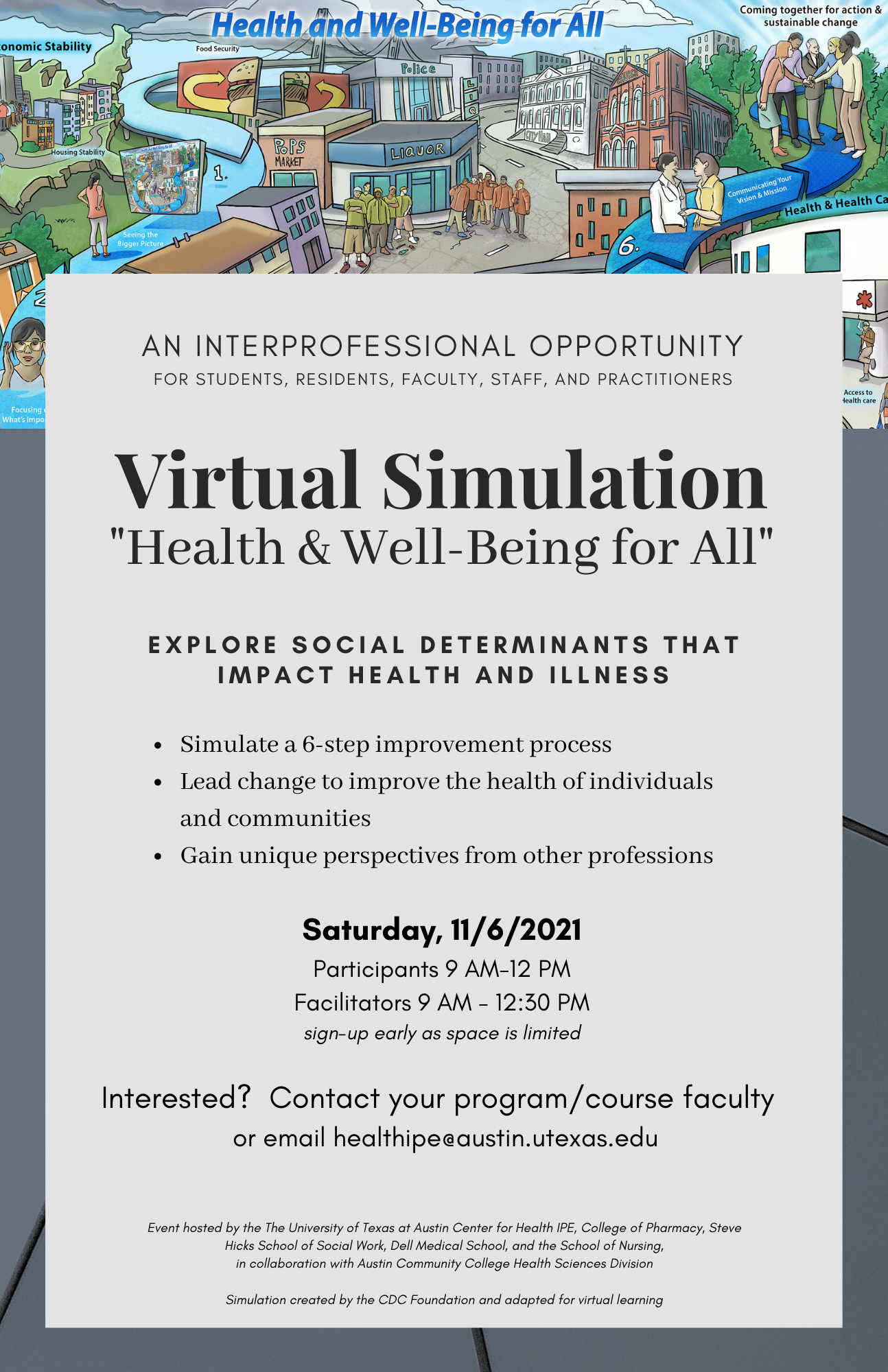 Flyer that describes the virtual simulation titled Health and Well-Being for All