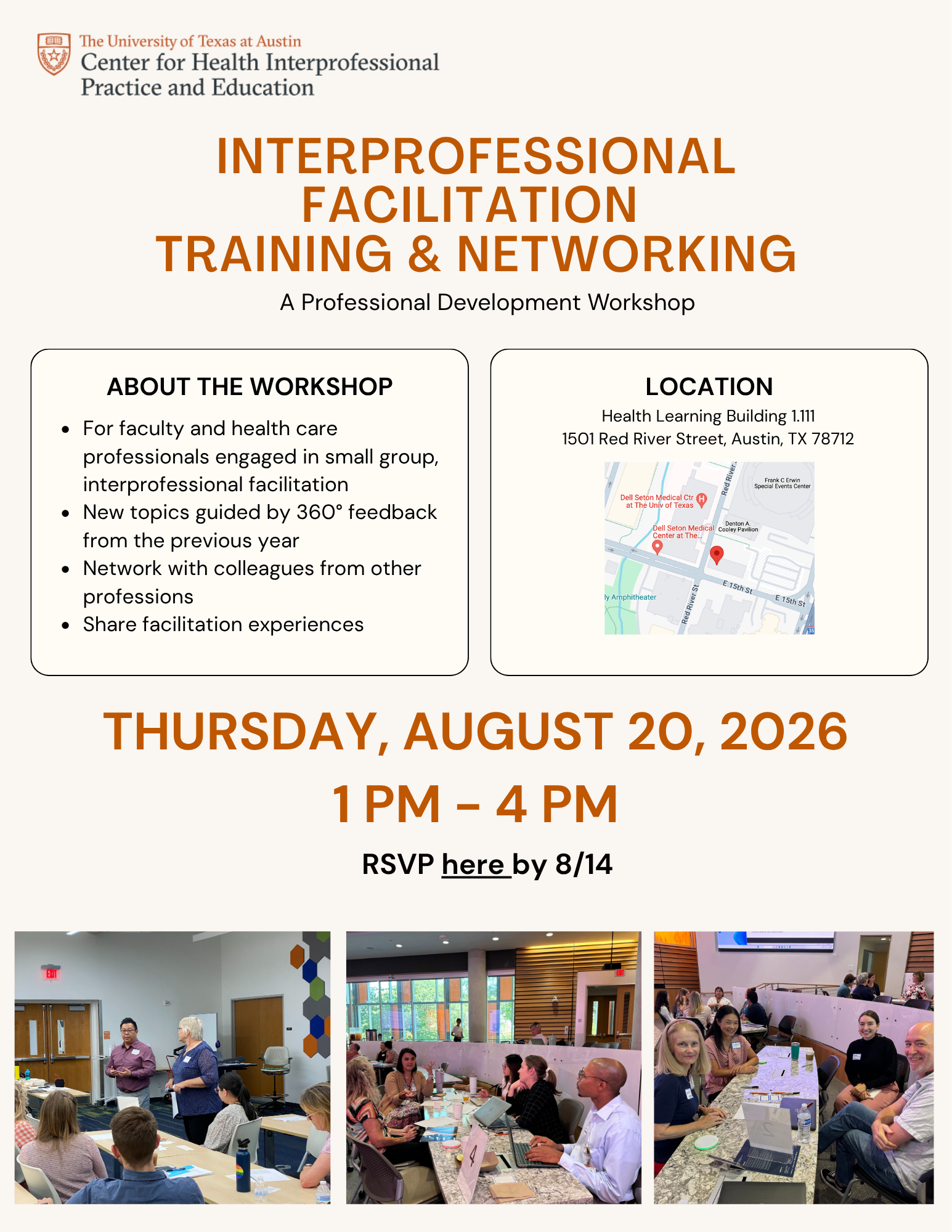 Flyer that is titled Interprofessional Facilitation Training and Networking in burnt orange font on a cream colored background. The date is listed as August 20, 2026 from 1pm-4pm. There are images of people from previous trainings and information on how to RSVP. 