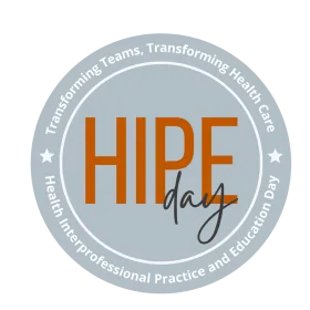 Health Interprofessional Practice and Education (HIPE) Day in a gray circle with burnt orange letters