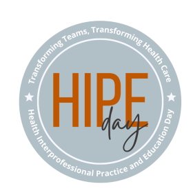 Health Interprofessional Practice and Education (HIPE) Day in a gray circle with burnt orange letters