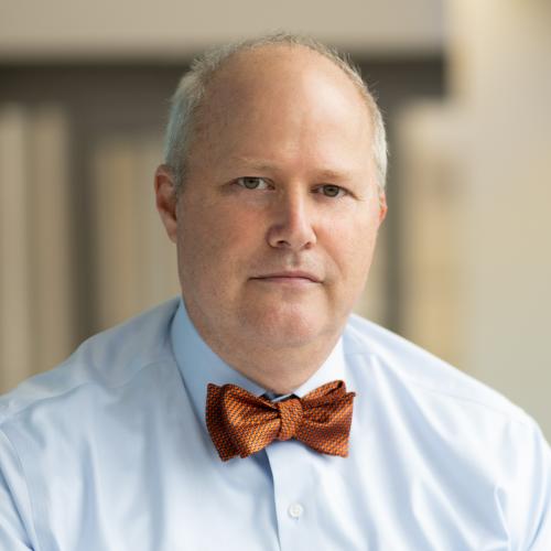 Man with a buttoned shirt and burnt orange bow tie and a serene facial expression.